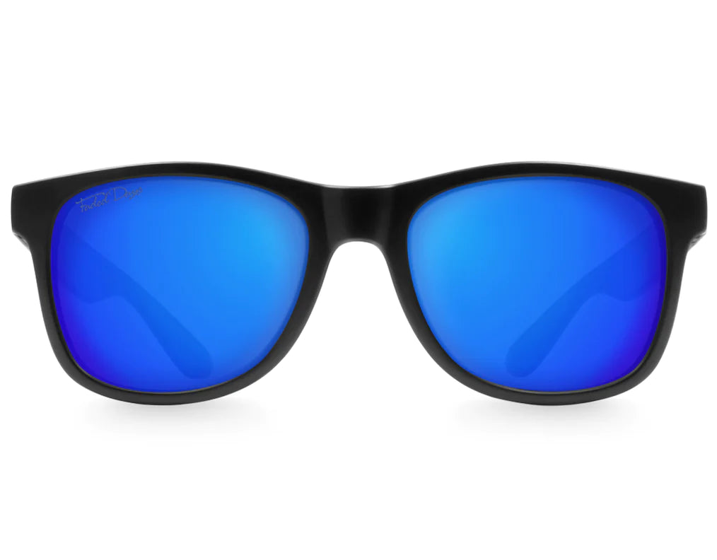 Front view of Classic 145mm large frame shades in Black with blue ice lenses – wide, bold and reflective.