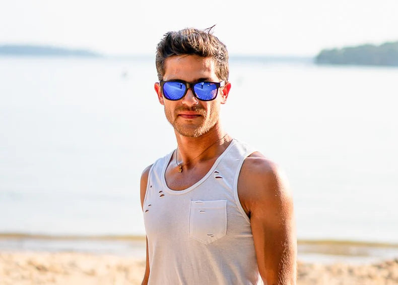 Model wearing Classic 145mm large sunglasses in Black with blue ice lenses – cool mirror finish in a wide fit design.