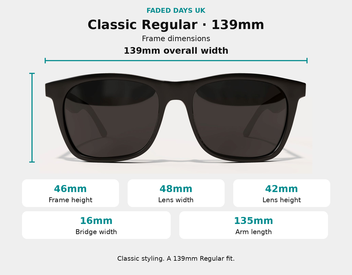 Classic 139mm Regular sunglasses dimensions: 139mm frame width, 46mm frame height, 48mm lens width, 42mm lens height, 16mm bridge and 135mm arms.