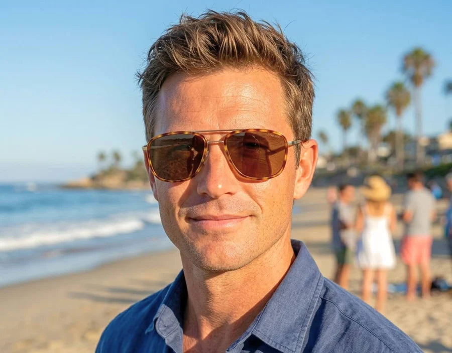Model wearing The Arrival 155mm XL sunglasses in Tortoise and Gold with Brown Ember polarised lenses – modern aviator-style design for larger heads.
