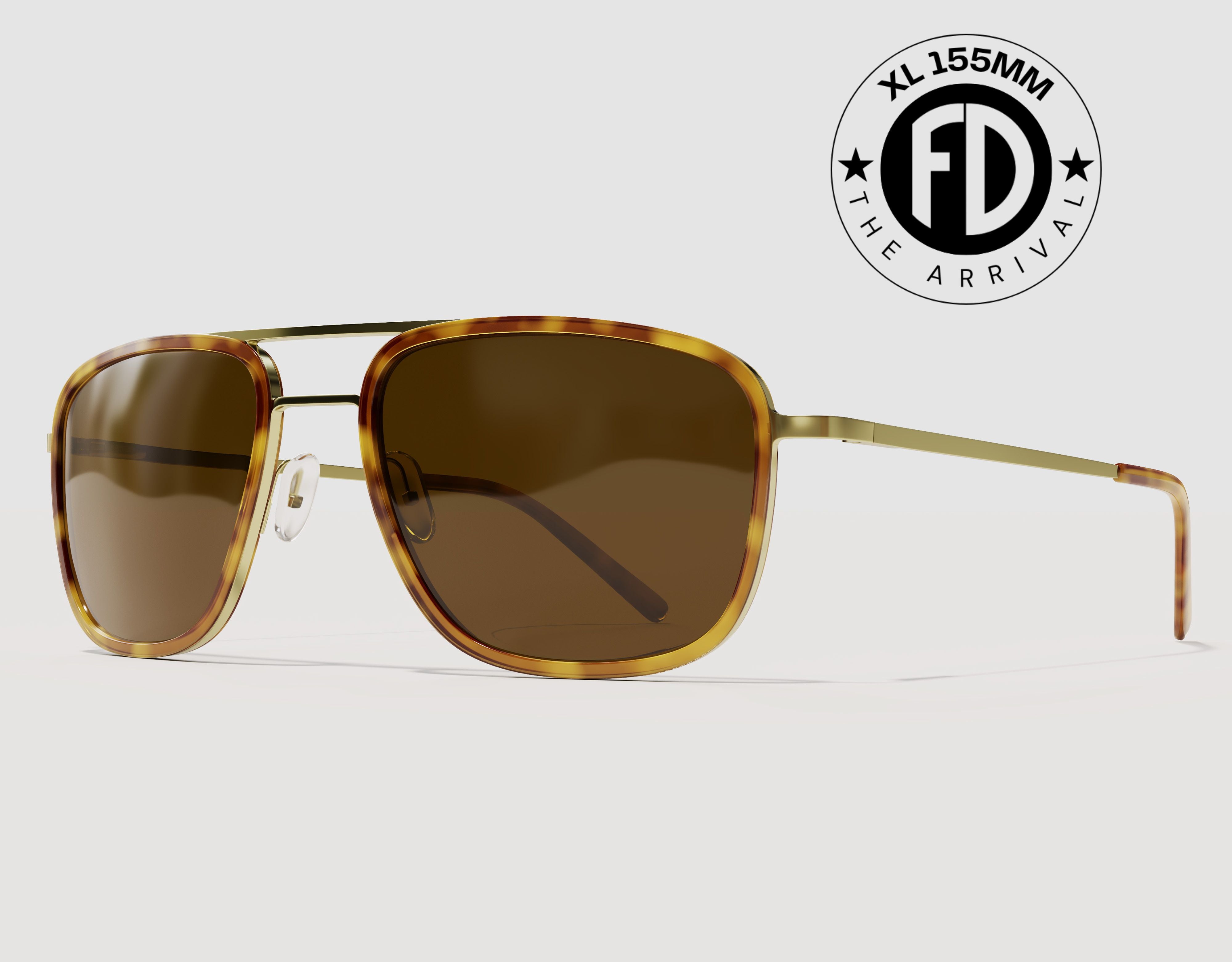 The Arrival 155mm XL premium aviator-style sunglasses in Tortoise and Gold with Brown Ember polarised lenses – lightweight wide-fit frame with adjustable nose pads.