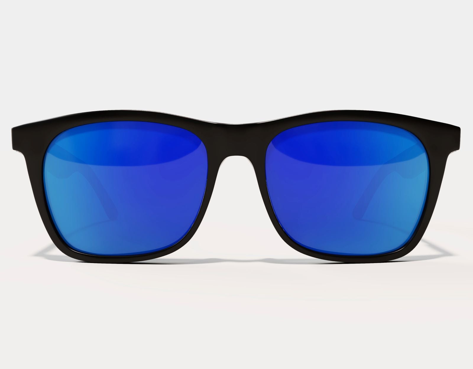 Front view of Classic 155mm XL large head sunglasses in Black with blue ice lenses – polarised style and UV protection.