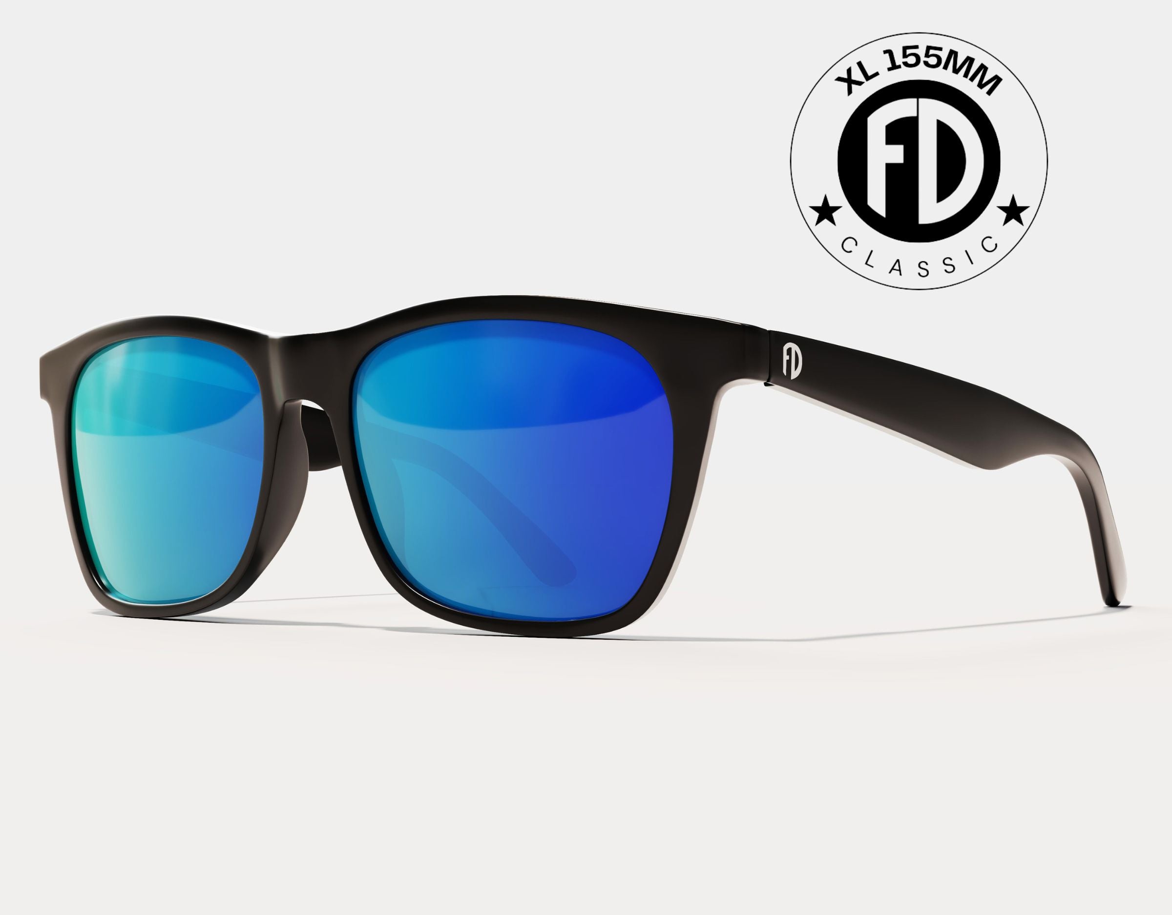 Classic 155mm XL sunglasses for large heads in Black with blue ice polarised lenses – bold mirrored look and wide fit comfort.