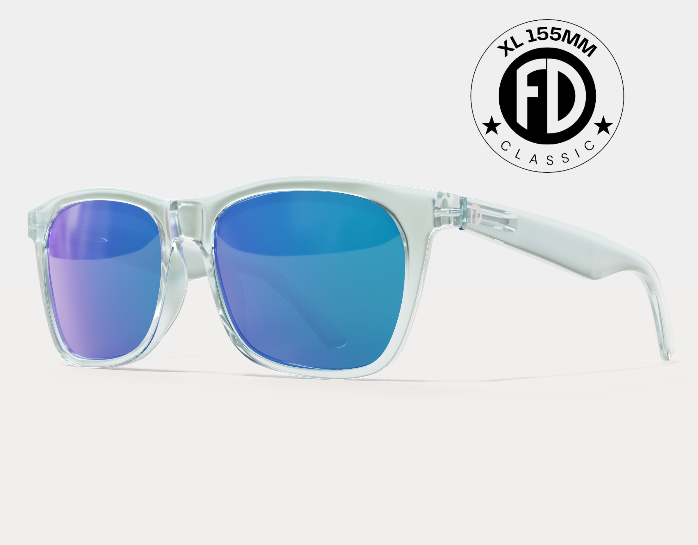 Classic 155mm XL extra wide sunglasses in Clear with blue ice polarised lenses – modern mirrored lenses with oversized comfort.