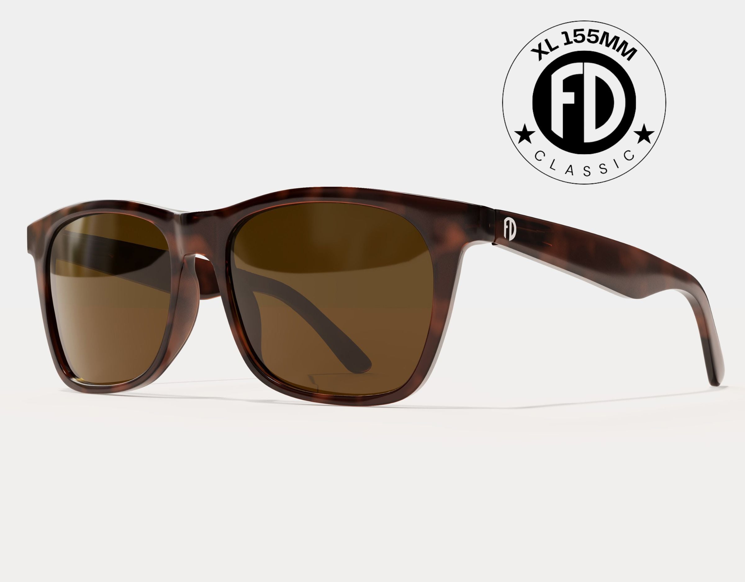 Classic 155mm XL large head sunglasses in Tortoise with brown ember lenses – warm-toned polarised shades with extra wide fit.