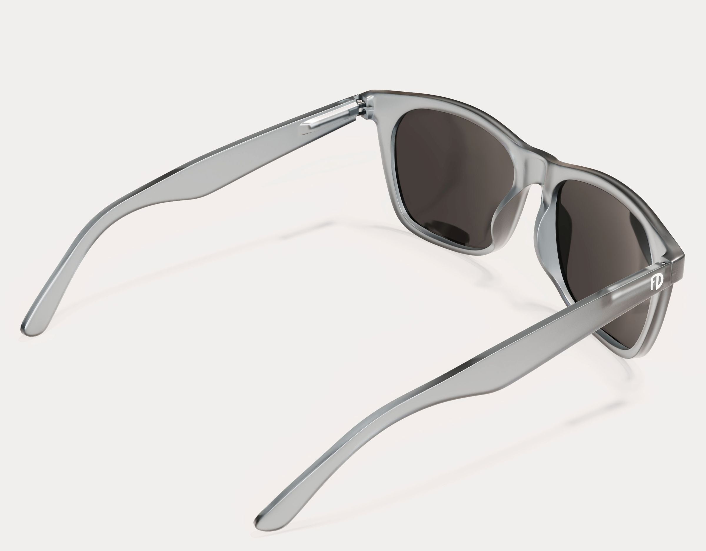 Rear view of Classic 155mm XL polarised sunglasses in Grey with white logo and black smoke lenses – stylish, large fit for wide heads.