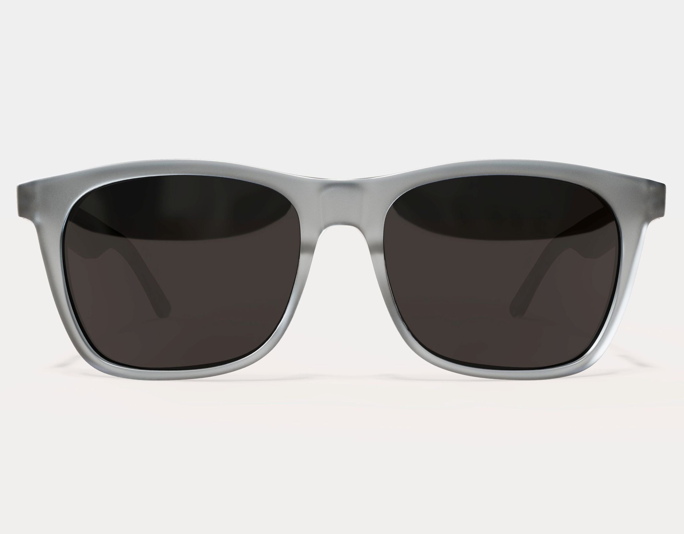 Front view of Classic 155mm XL polarised sunglasses in Grey with white logo and black smoke lenses – stylish, wide fit for Big heads.