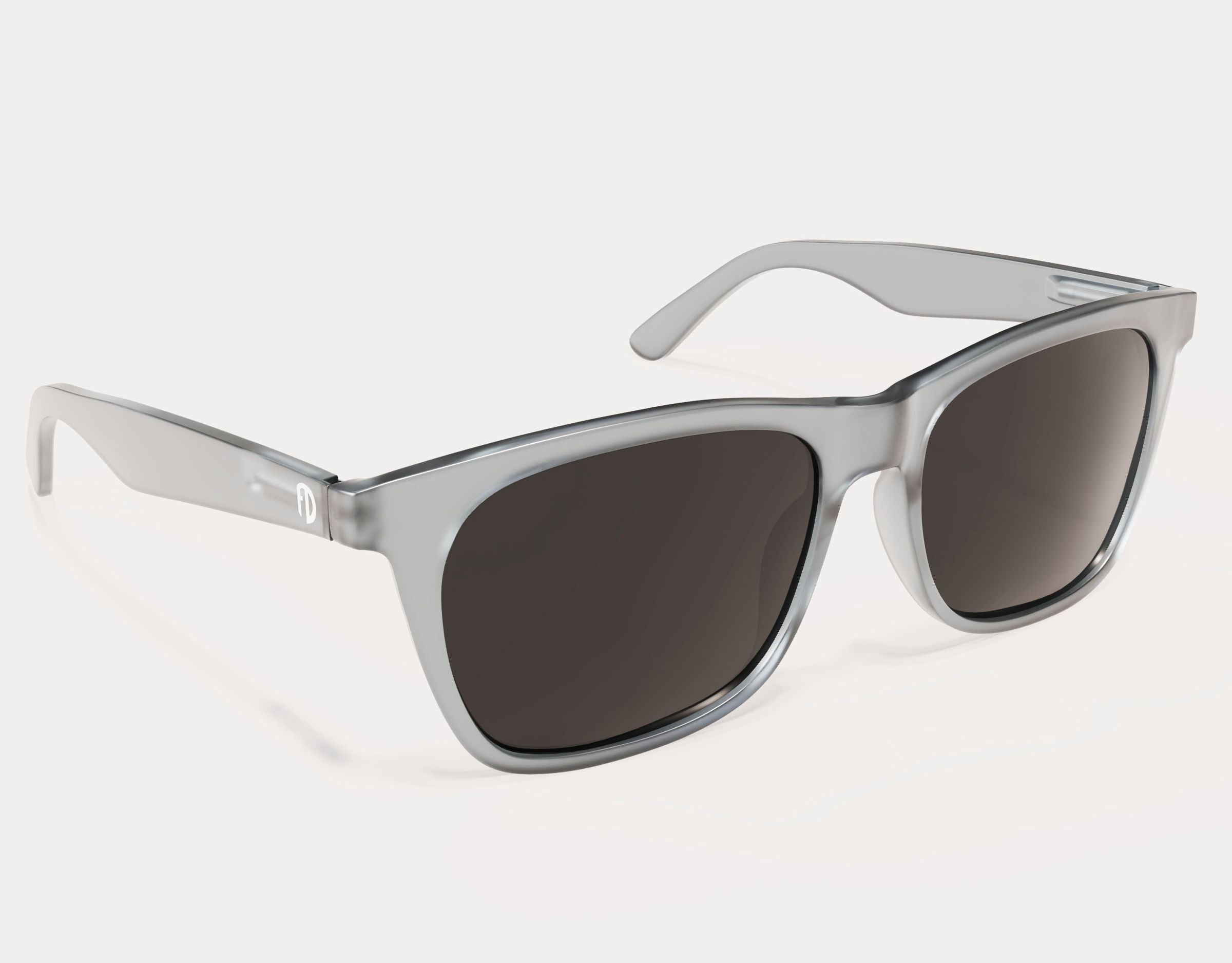 Side view of Classic 155mm XL polarised sunglasses in Grey with white logo and black smoke lenses – stylish, oversize fit for large heads.