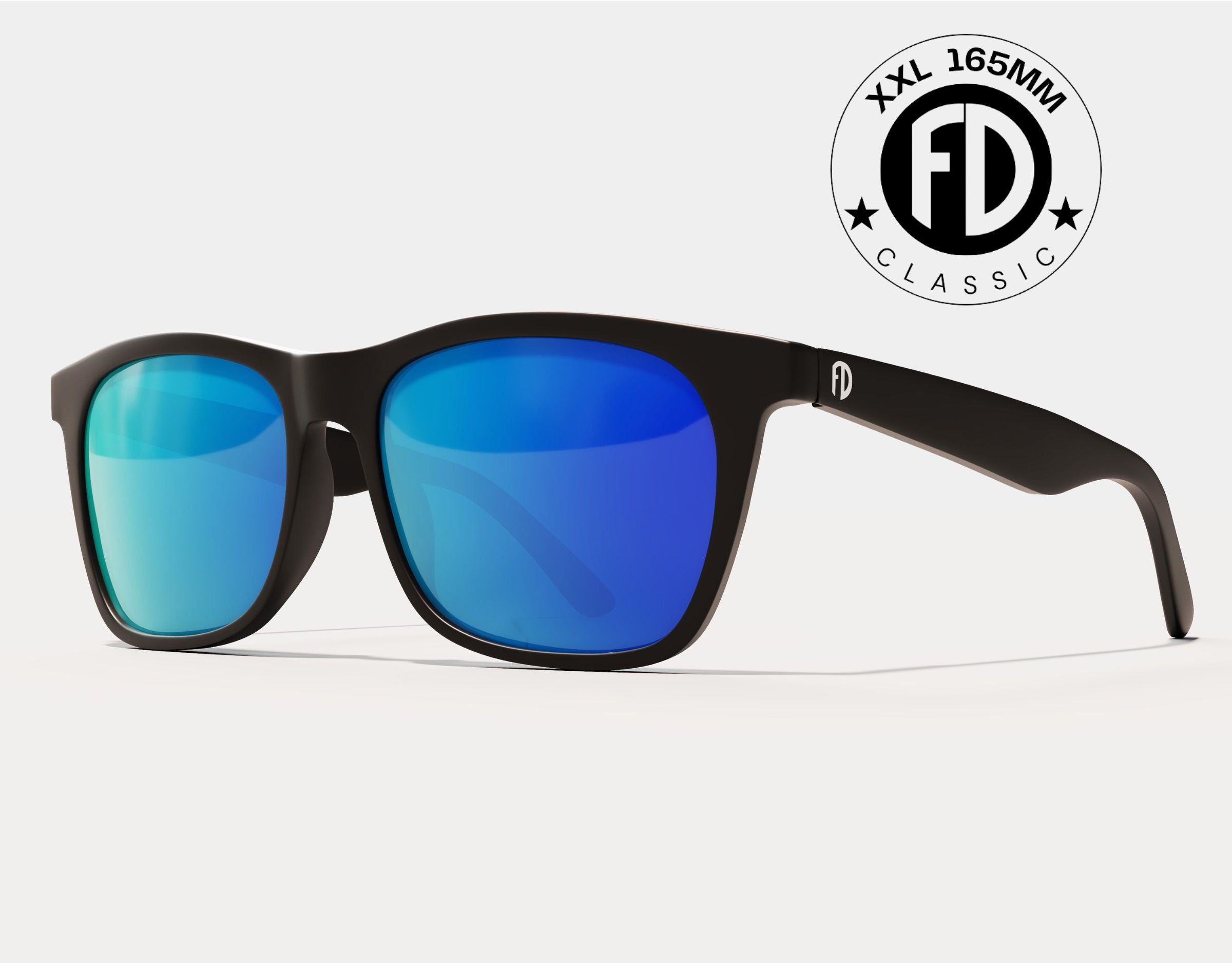 Classic 165mm XXL extra wide sunglasses for big heads in Black Gloss with blue ice polarised lenses – crisp, cool style and secure fit.