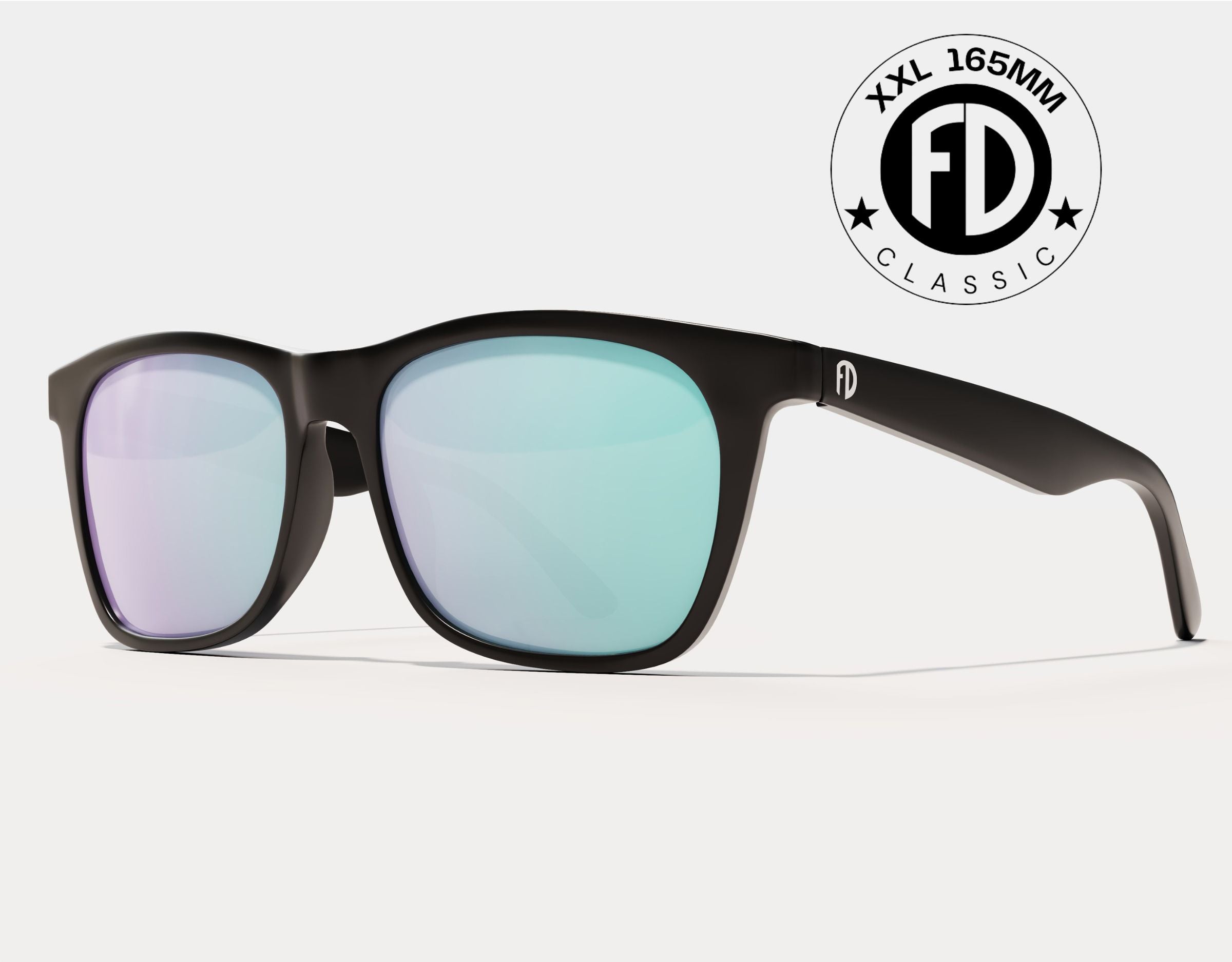 Classic 165mm XXL large head sunglasses in Black Matt with chrome polarised lenses – sleek, high-contrast style for big heads.