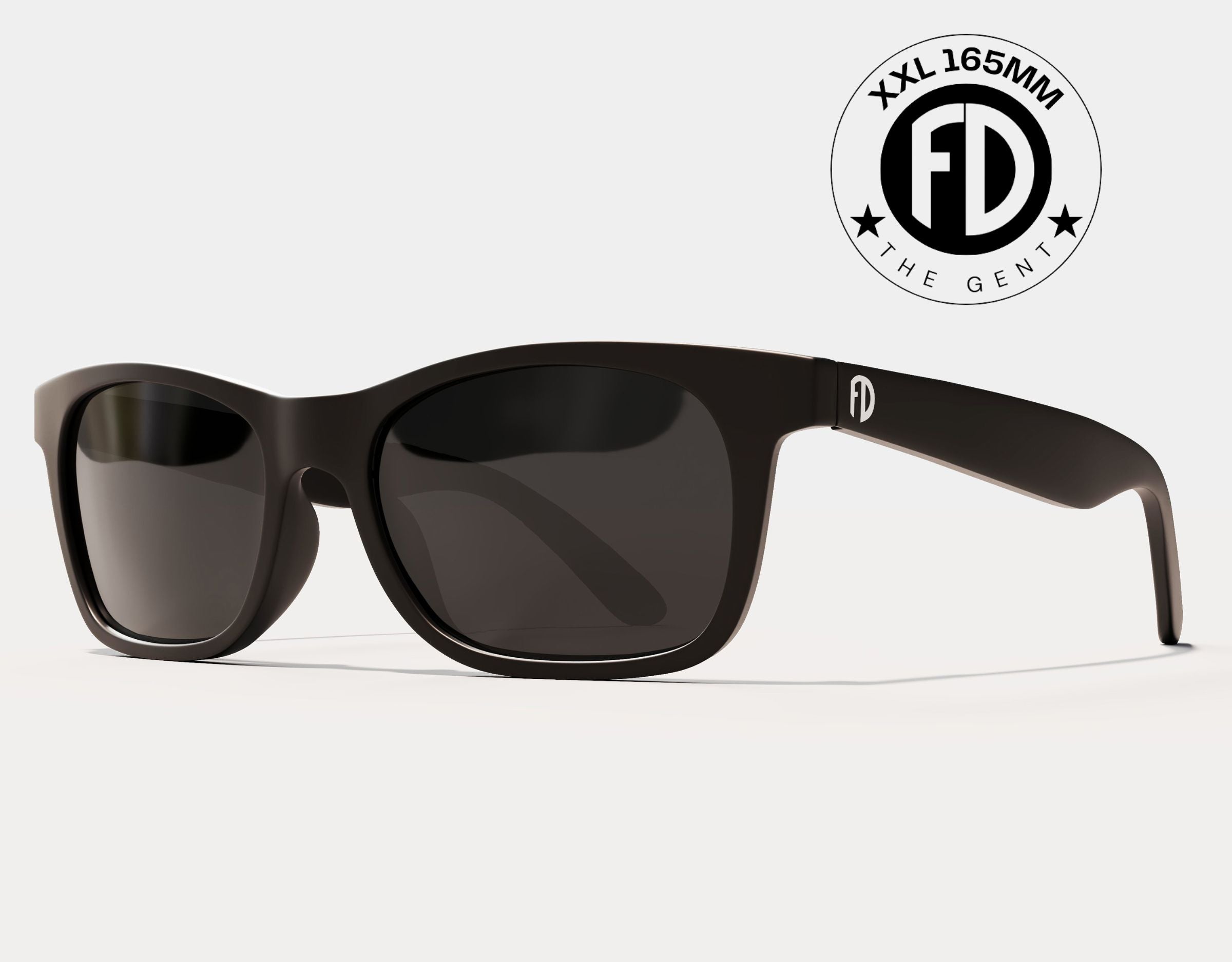 The Gent 165mm XXL wide sunglasses in Black with black smoke polarised lenses – bold, extra wide sunglasses for wide faces.
