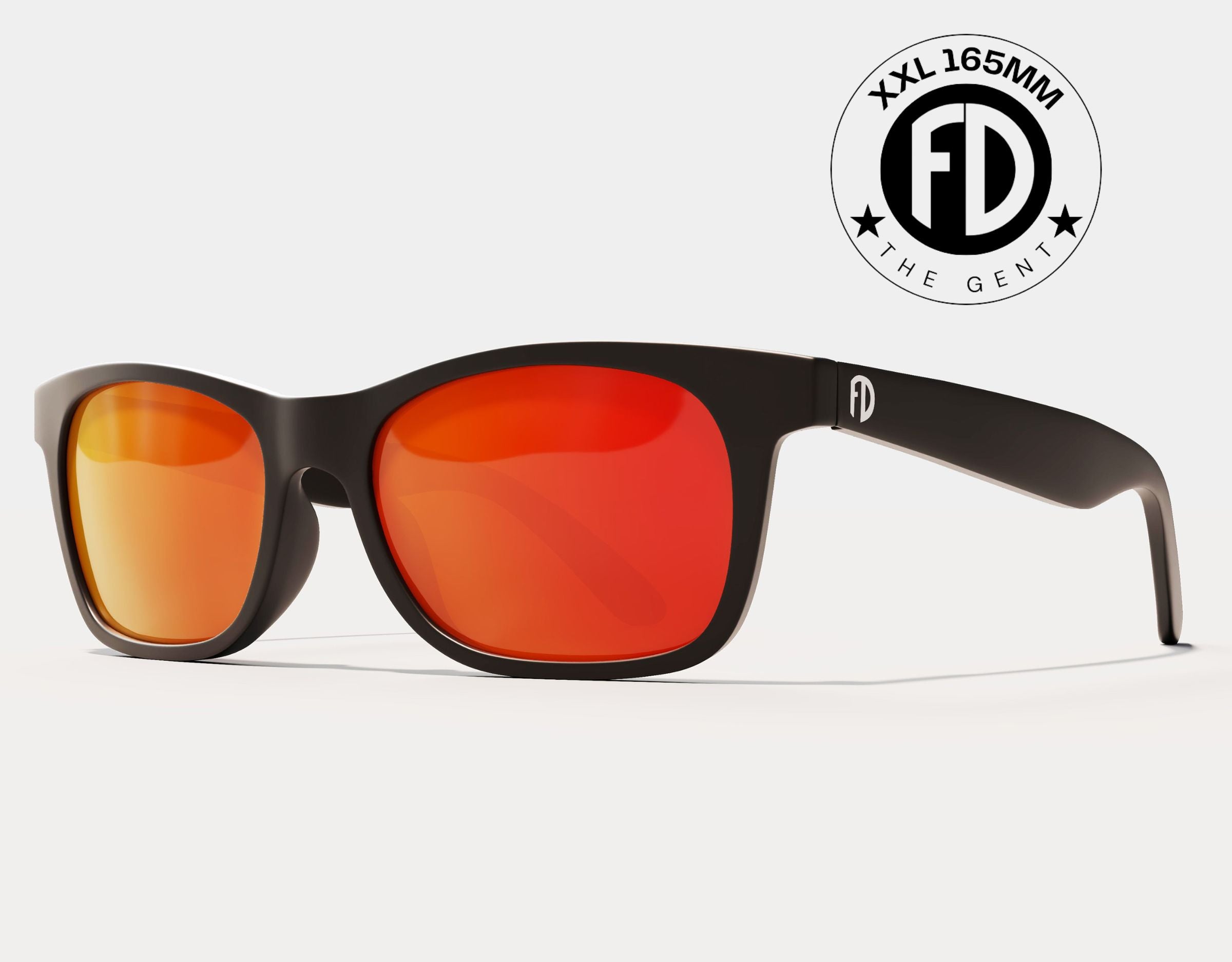 The Gent 165mm XXL sunglasses for wide faces in Black with red lava lenses – polarised, extra wide, and built for bold style.