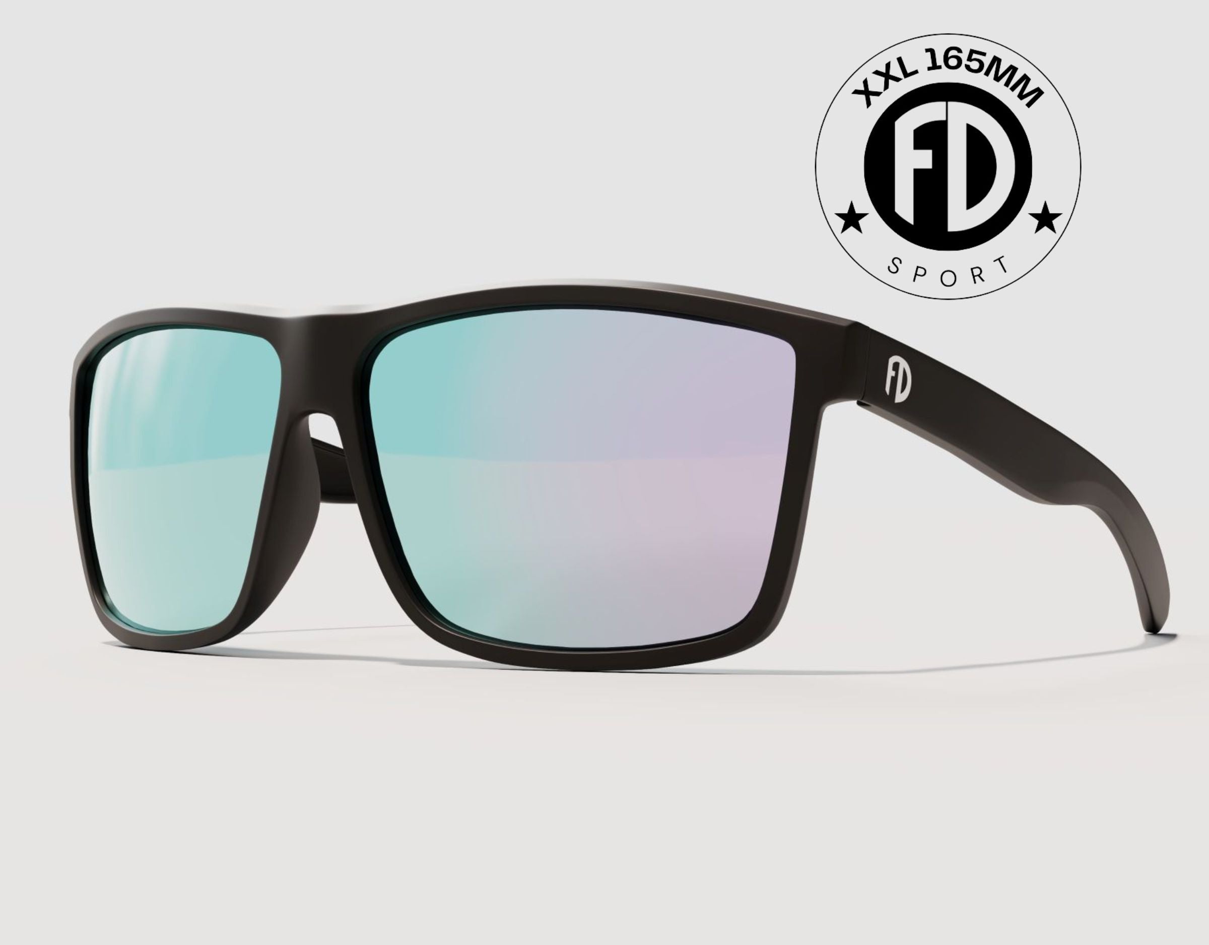 Sport 165mm XXL polarised sunglasses for big heads in Black with chrome lenses – wide fit sport shades with high-glare protection.