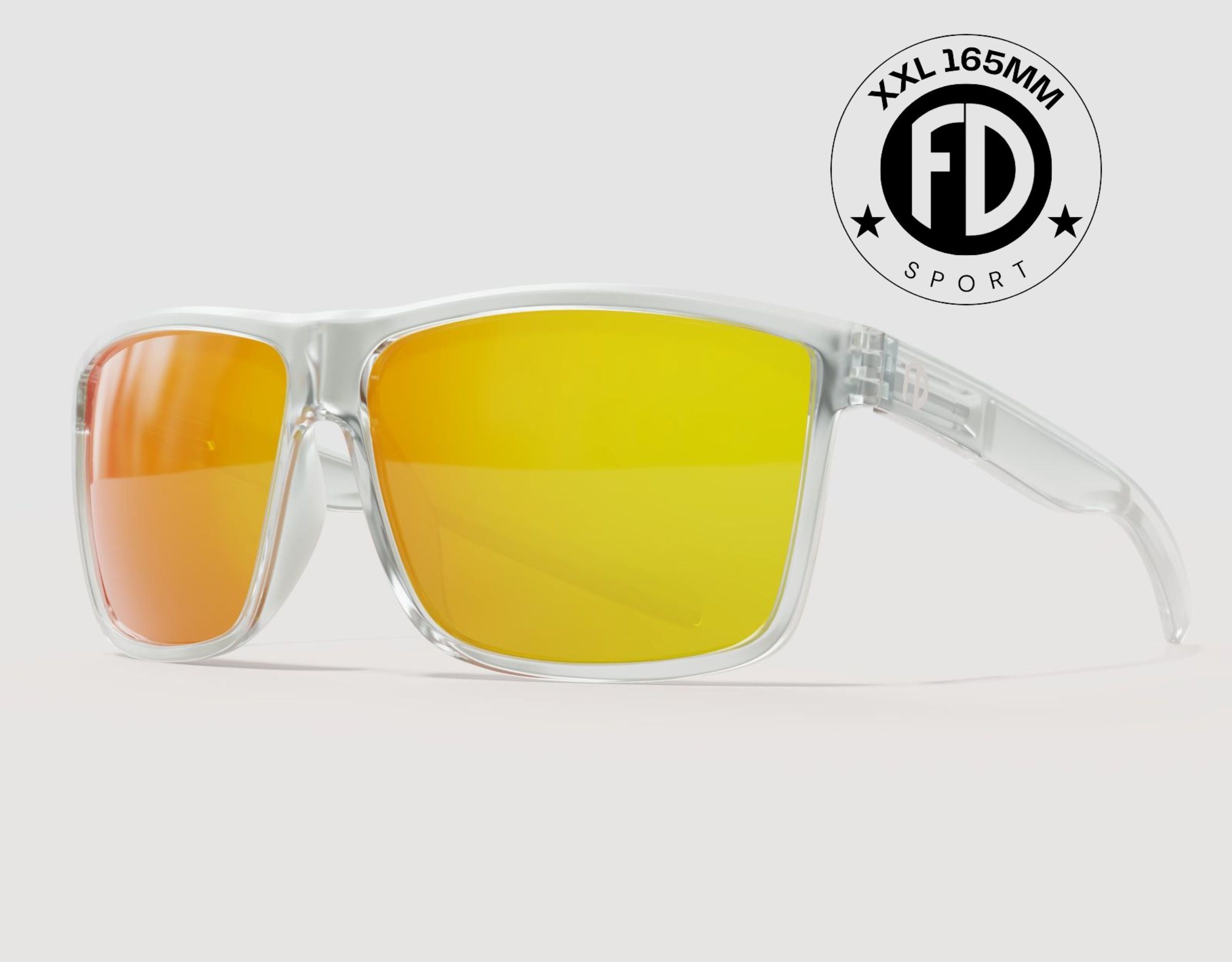 Sport 165mm XXL extra wide sport sunglasses in Clear with yellow solar lenses – bold style and performance fit for big heads.