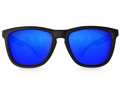 Front view of Classic 145mm large frame sunglasses in Black with blue lenses – oversized frame with everyday comfort.