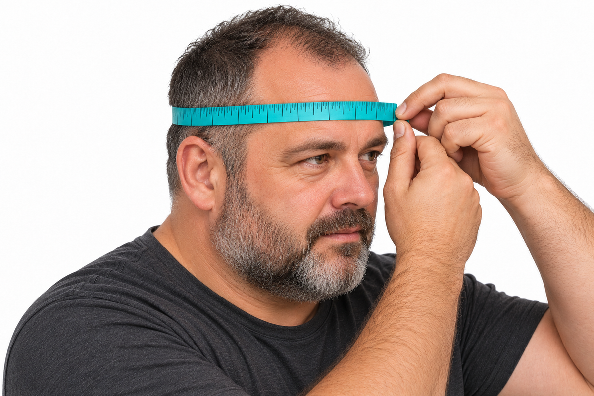 Man measuring his head circumference with a tape positioned above his eyebrows and ears.