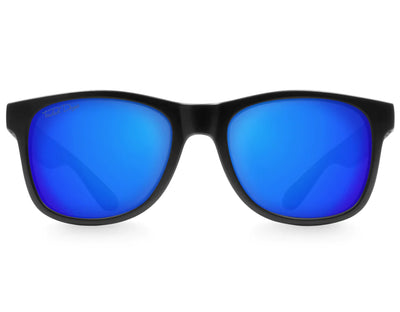 Front view of Classic 145mm large frame shades in Black with blue ice lenses – wide, bold and reflective.