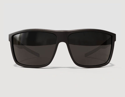 Front view of blackout Sport 155mm XL sunglasses – wide fit frame with smoke lenses designed for big head comfort.