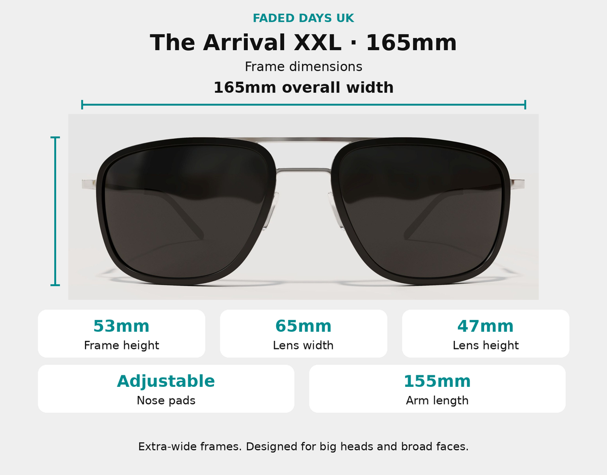 The Arrival XXL sunglasses dimensions: 165mm frame width, 53mm frame height, 65mm lens width, 47mm lens height, adjustable nose pads and 155mm arms.