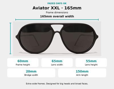 Aviator XXL sunglasses dimensions: 165mm frame width, 60mm frame height, 65mm lens width, 55mm lens height, 20mm bridge and 150mm arms.