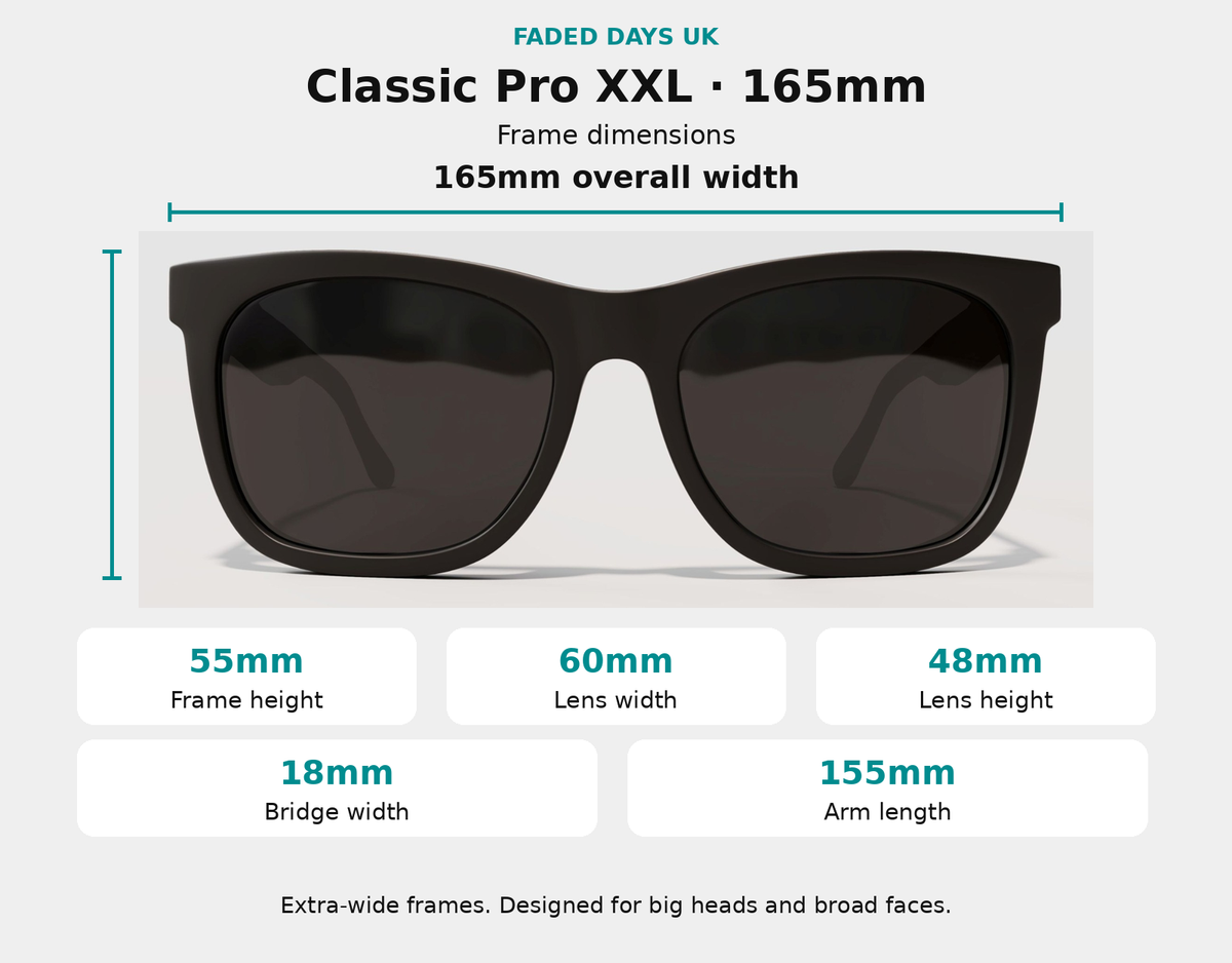 Classic Pro XXL prescription sunglasses dimensions: 165mm frame width, 55mm frame height, 60mm lens width, 48mm lens height, 18mm bridge and 155mm arms.