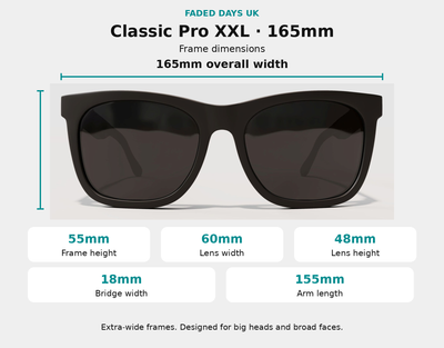 Classic Pro XXL prescription sunglasses dimensions: 165mm frame width, 55mm frame height, 60mm lens width, 48mm lens height, 18mm bridge and 155mm arms.