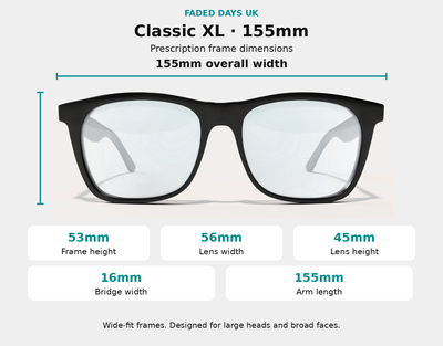 Classic XL prescription glasses dimensions: 155mm frame width, 53mm frame height, 56mm lens width, 45mm lens height, 16mm bridge and 155mm arms.