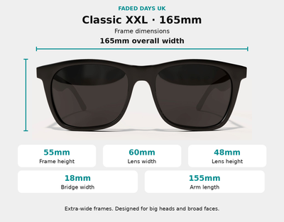 Sizing diagram for faded days uk Classic XXL 165mm prescription sunglasses, showing a front view of the black frame with dark lenses and text detailing frame dimensions: 55mm frame height, 60mm lens width, 48mm lens height, 18mm bridge width, and 155mm arm length.