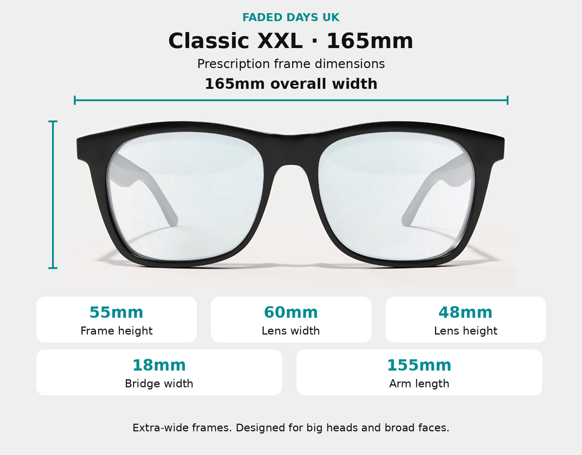 Classic XXL prescription glasses dimensions: 165mm frame width, 55mm frame height, 60mm lens width, 48mm lens height, 18mm bridge and 155mm arms.
