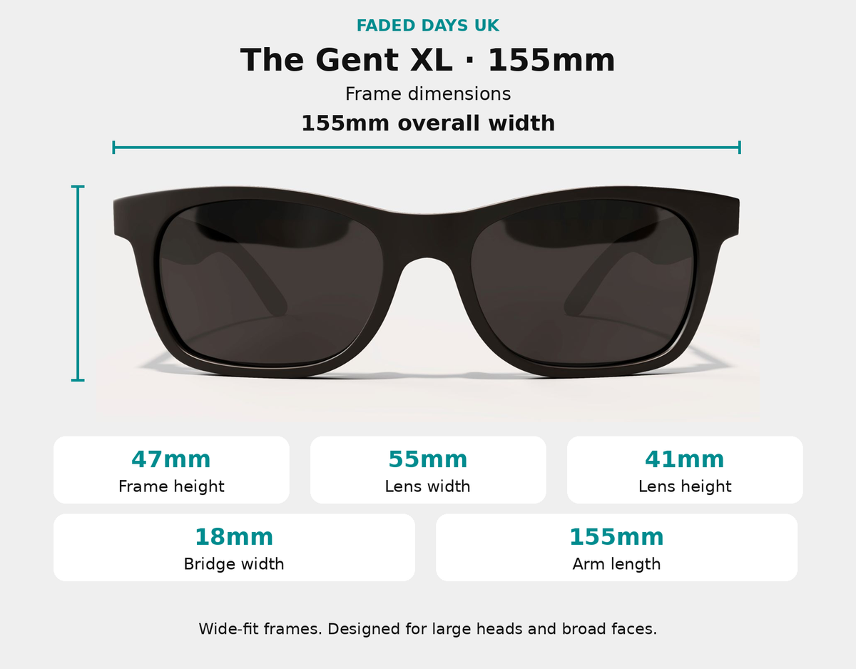 The Gent XL sunglasses dimensions: 155mm frame width, 47mm frame height, 55mm lens width, 41mm lens height, 18mm bridge and 155mm arms.