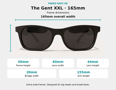 The Gent XXL sunglasses dimensions: 165mm frame width, 50mm frame height, 60mm lens width, 44mm lens height, 20mm bridge and 155mm arms.