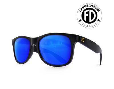 Classic 145mm large frame sunglasses in Black with blue ice polarised lenses – cool-toned oversize sunglasses with a bold mirrored look.