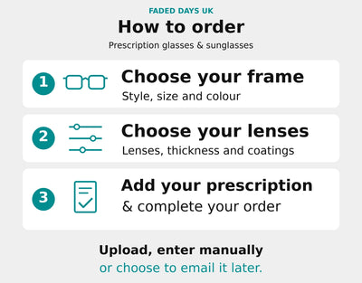 How to order Faded Days prescription glasses: choose your frame, select your lenses, then upload or enter your prescription—or choose to email it later—and complete checkout.