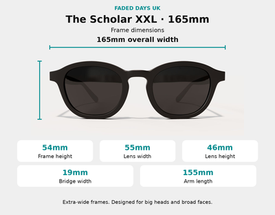 A product infographic for The Scholar XXL sunglasses by Faded Days UK, showing a pair of black round-frame sunglasses with dark lenses on a light gray background, with dimension callouts for frame height, lens width, lens height, bridge width, and arm length.