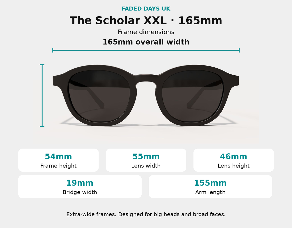 A product infographic for The Scholar XXL sunglasses by Faded Days UK, showing a pair of black round-frame sunglasses with dark lenses on a light gray background, with dimension callouts for frame height, lens width, lens height, bridge width, and arm length.