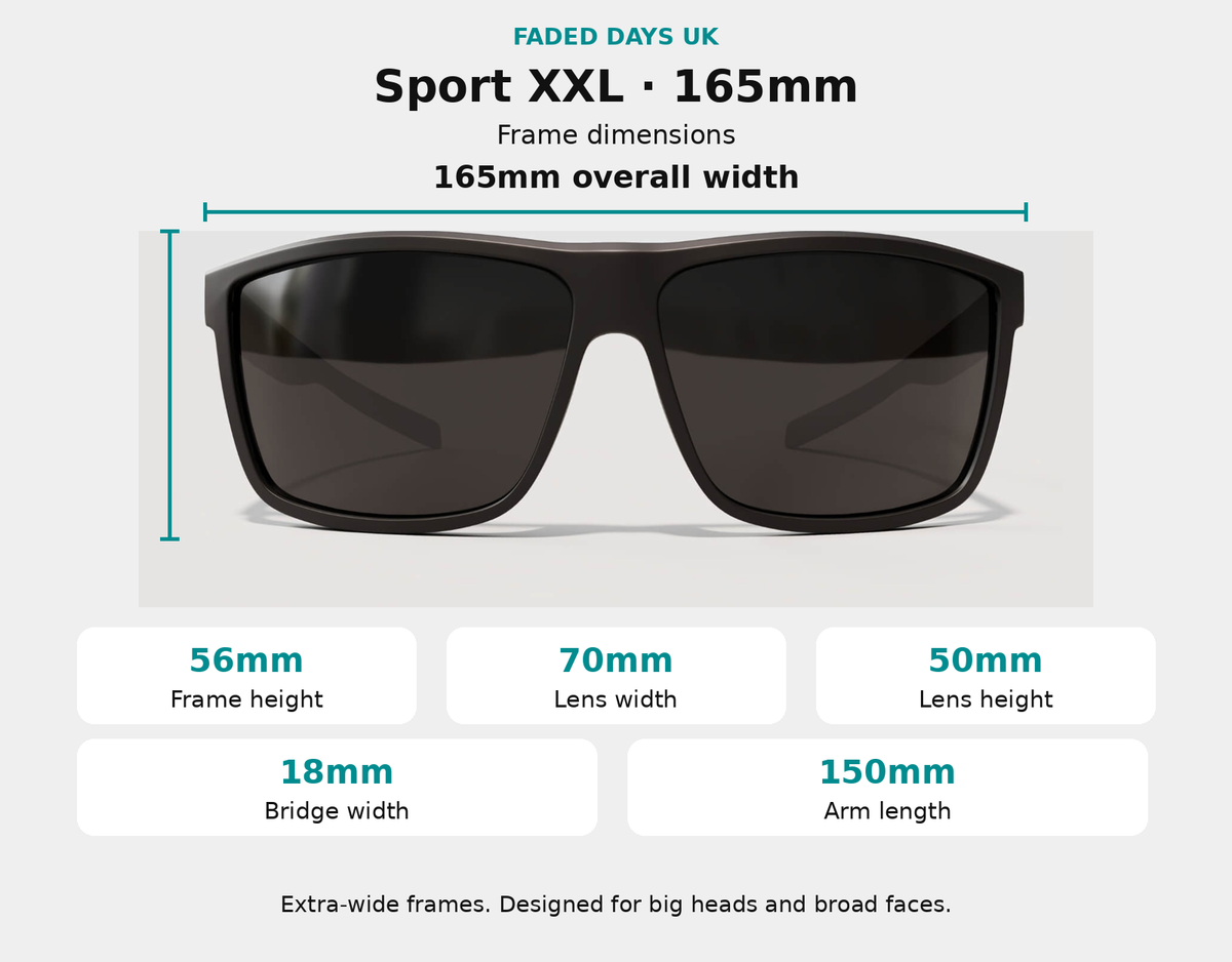 Sport XXL sunglasses dimensions: 165mm frame width, 56mm frame height, 70mm lens width, 50mm lens height, 18mm bridge and 150mm arms.