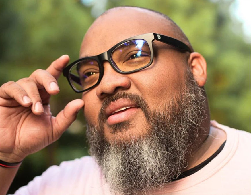 Model wearing Faded Days Gent 165mm XXL prescription glasses for wide heads.