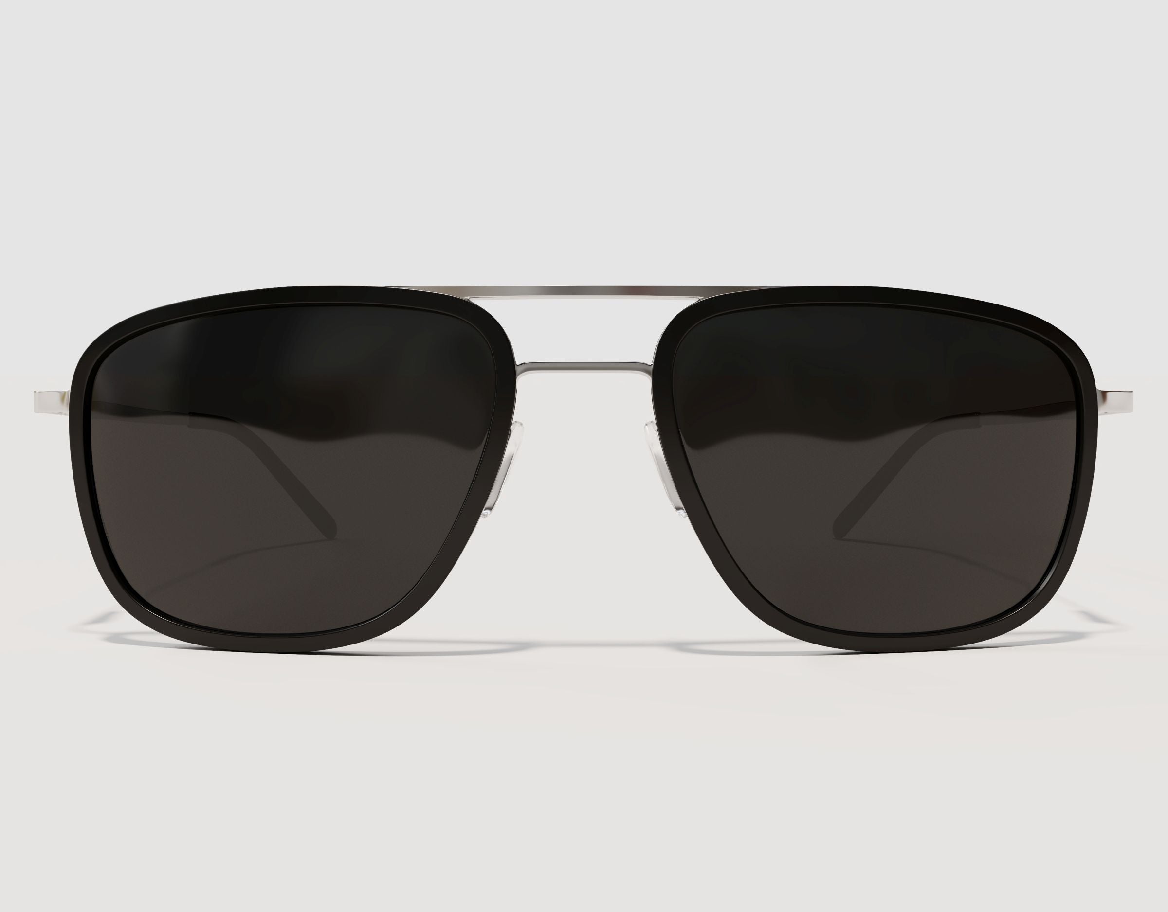 Front view of The Arrival 155mm XL premium wide-fit sunglasses in Black and Chrome – structured aviator-style frame with adjustable nose pads.