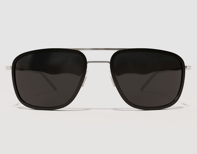Front view of The Arrival 155mm XL premium wide-fit sunglasses in Black and Chrome – structured aviator-style frame with adjustable nose pads.