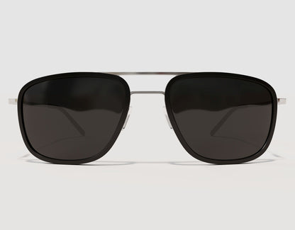 Front view of The Arrival 155mm XL premium wide-fit sunglasses in Black and Chrome – structured aviator-style frame with adjustable nose pads.