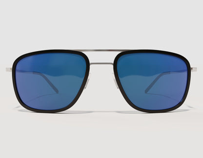 Front view of The Arrival 155mm XL premium wide-fit sunglasses in Black and Chrome with Blue Ice lenses – adjustable nose pads and hybrid construction.