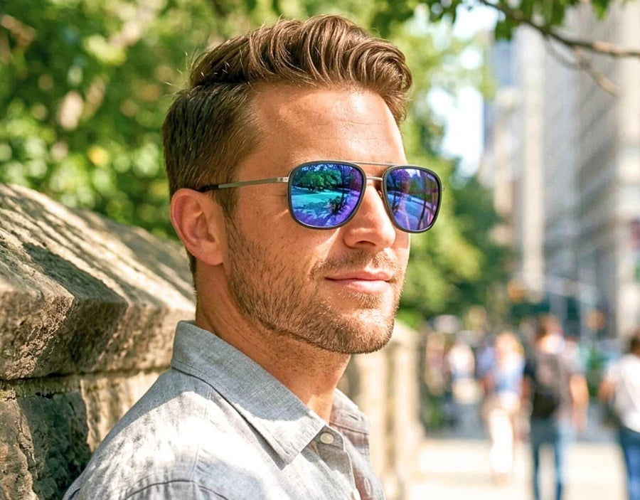 Model wearing The Arrival 155mm XL sunglasses in Black and Chrome with Blue Ice polarised lenses – modern aviator-style fit for larger head sizes.