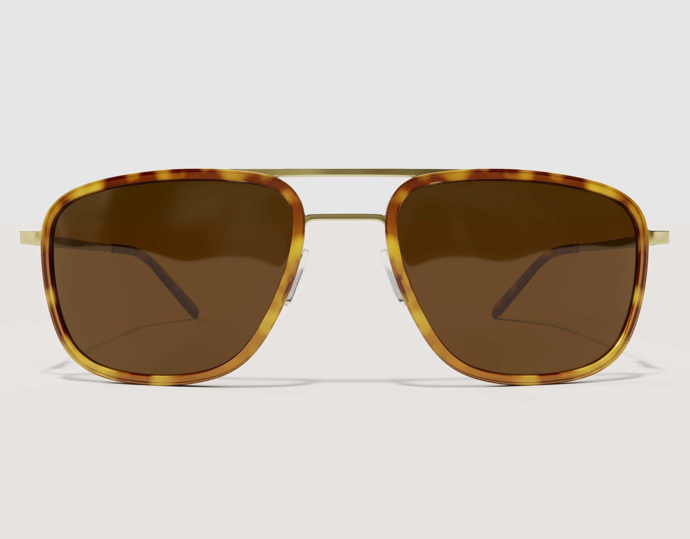 Front view of The Arrival 155mm XL premium wide-fit sunglasses in Tortoise and Gold – structured aviator-style silhouette with adjustable nose pads.