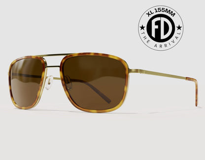 The Arrival 155mm XL premium aviator-style sunglasses in Tortoise and Gold with Brown Ember polarised lenses – lightweight wide-fit frame with adjustable nose pads.