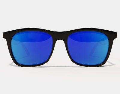 Front view of Classic 155mm XL large head sunglasses in Black with blue ice lenses – polarised style and UV protection.