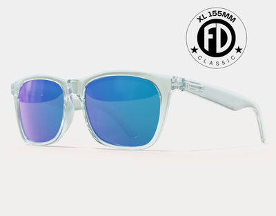 Classic 155mm XL extra wide sunglasses in Clear with blue ice polarised lenses – modern mirrored lenses with oversized comfort.