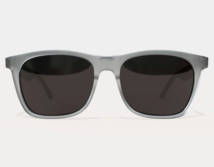 Front view of Classic 155mm XL polarised sunglasses in Grey with white logo and black smoke lenses – stylish, wide fit for Big heads.