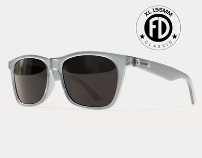 Classic 155mm XL polarised sunglasses in Grey with white logo and black smoke lenses – stylish, wide fit for large heads.