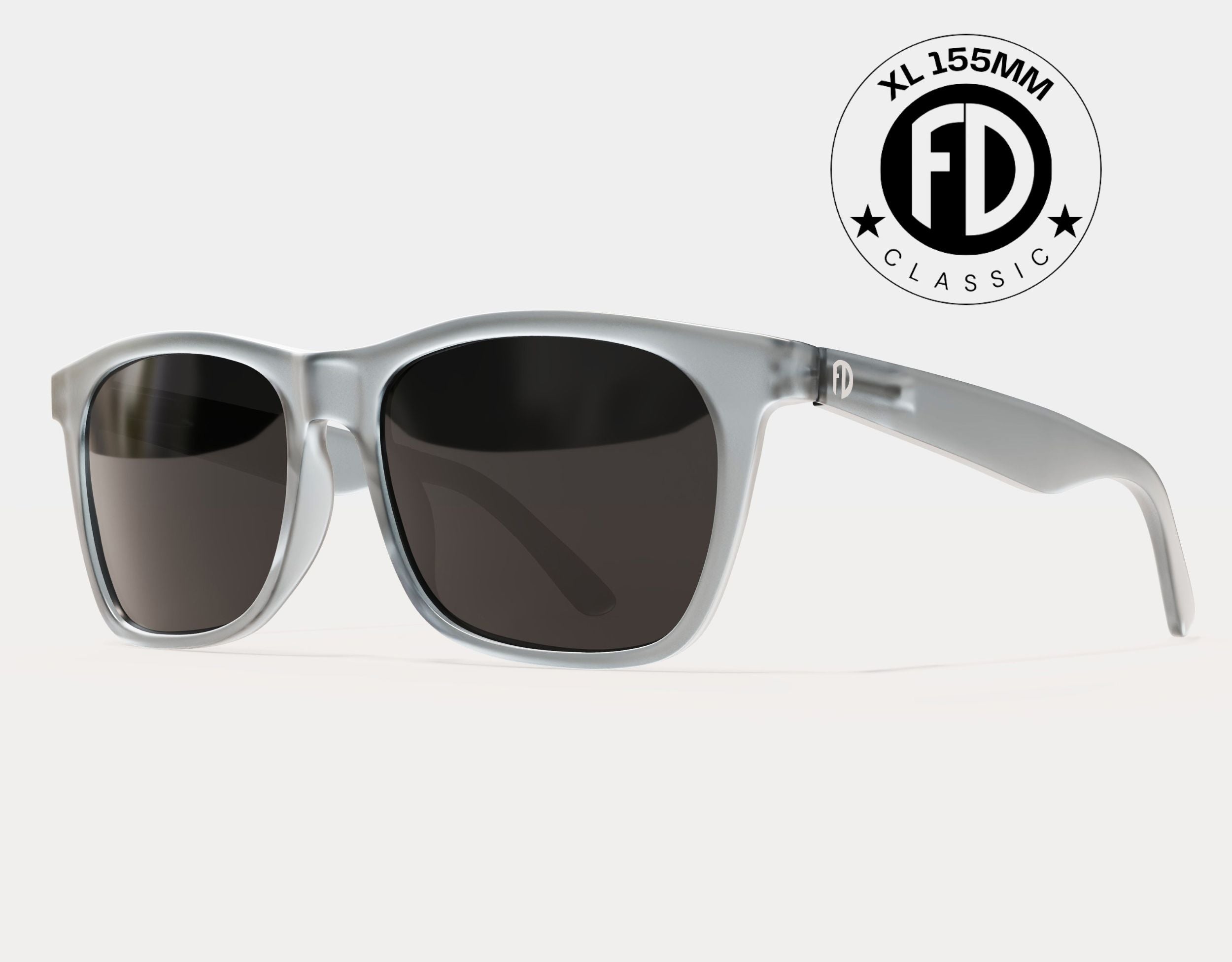 Classic 155mm XL polarised sunglasses in Grey with white logo and black smoke lenses – stylish, wide fit for large heads.