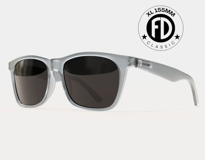 Classic 155mm XL polarised sunglasses in Grey with white logo and black smoke lenses – stylish, wide fit for large heads.